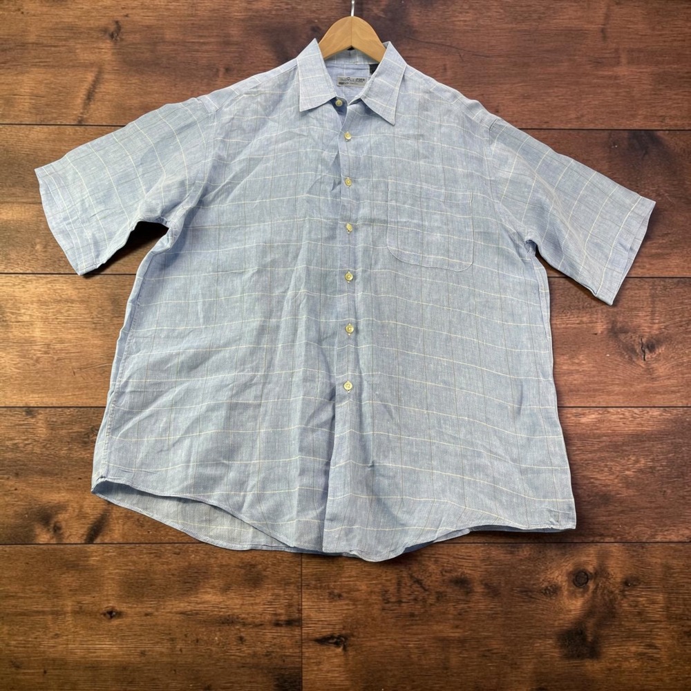 Vintage USA Bullock & Jones Mens Blue Windowpane Herringbone Linen Shirt (L)